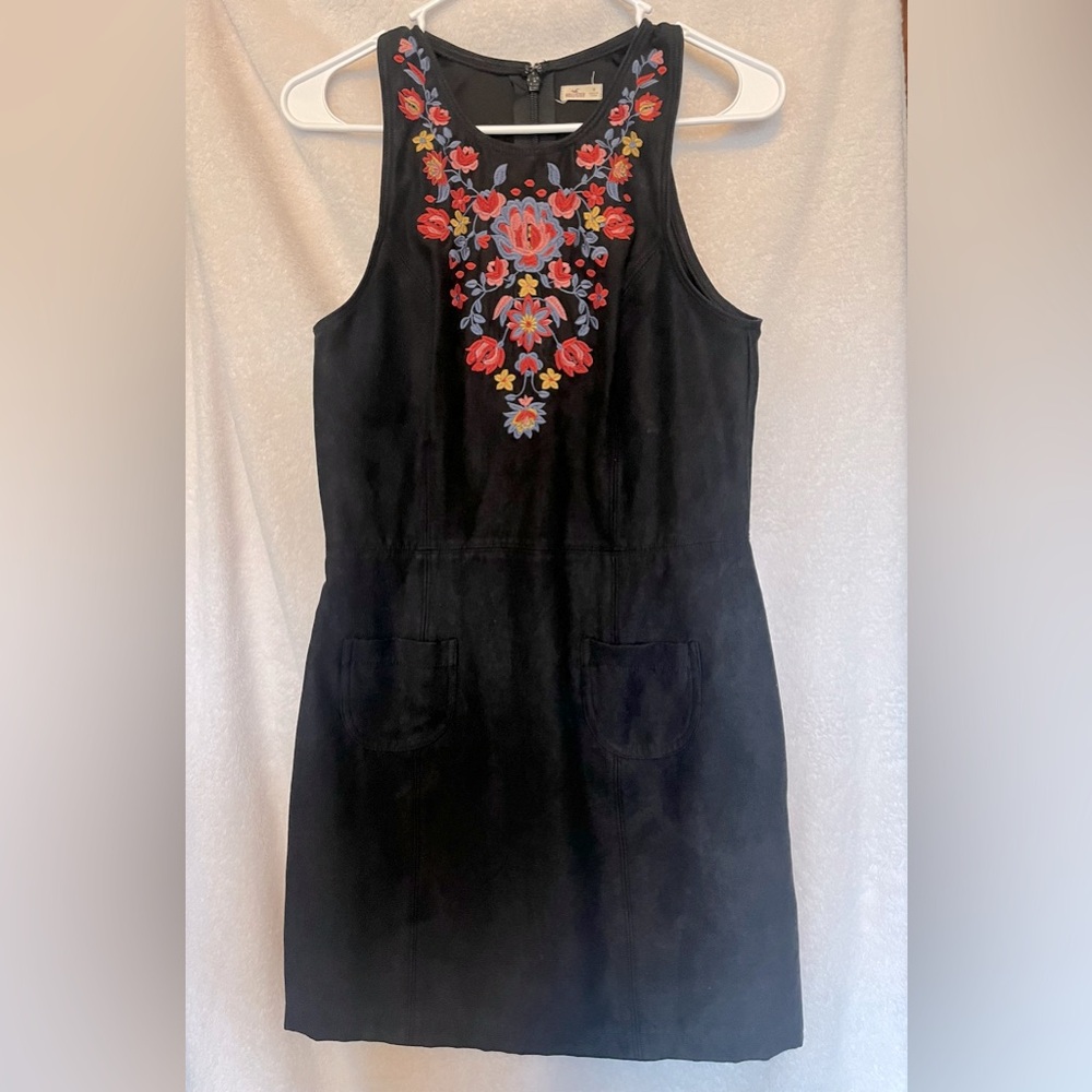 Hollister black suede dress with beautiful embroidery size medium